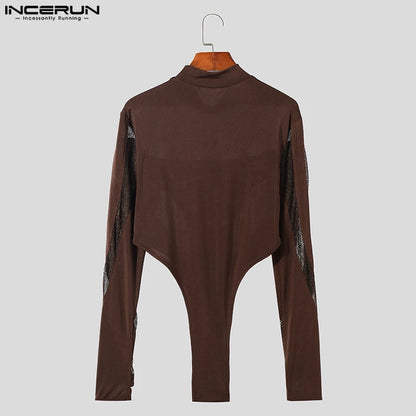 INCERUN 2023 Sexy Homewear Men's Bodysuits Half High Neck Mesh Splice Rompers Casual Fashion Thimble Long Sleeve Jumpsuits S-3XL