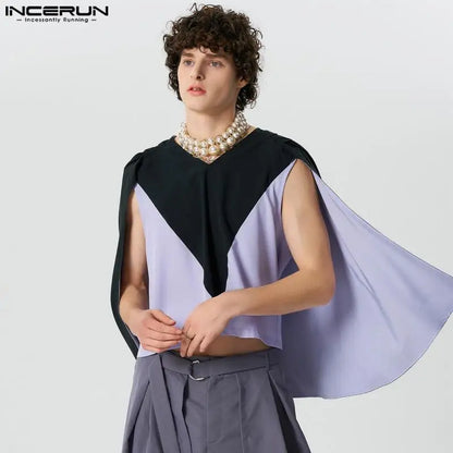 INCERUN Summer T-shirts Men's Clothing Fashion Sleeveless Cloak Patchwork Cape Clubwear Tops Tee V Neck Blouses T Shirt Oversize