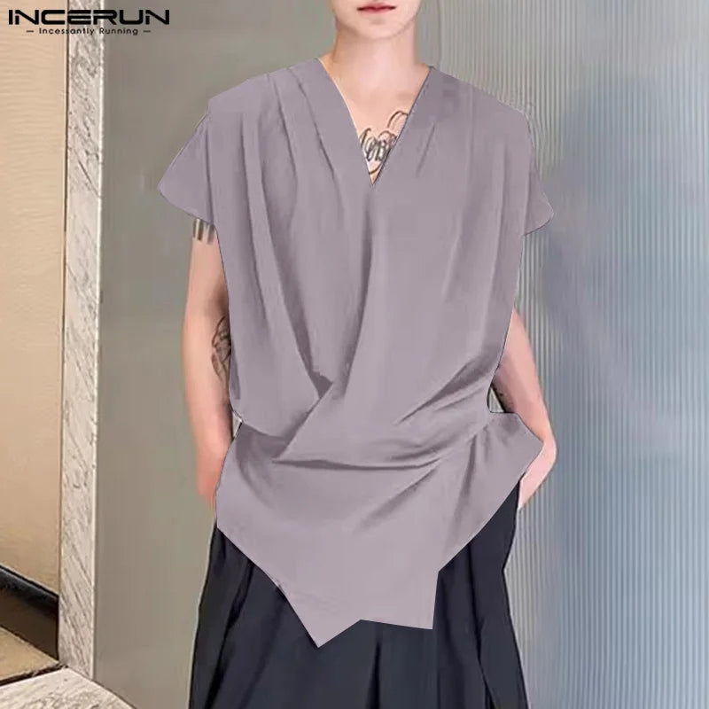 INCERUN Tops 2024 Korean Style Handsome Men Draping Solid V-neck Shirts Fashion Male Shoulder Pleated Short Sleeved Blouse S-5XL