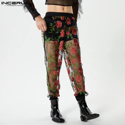 INCERUN 2024 Herrenpantalons im amerikanischen Stil, sexy, florales Netz, Perspektive, lange Hosen, stilvolle Streetwear, dünne Herrenhose, S-5XL