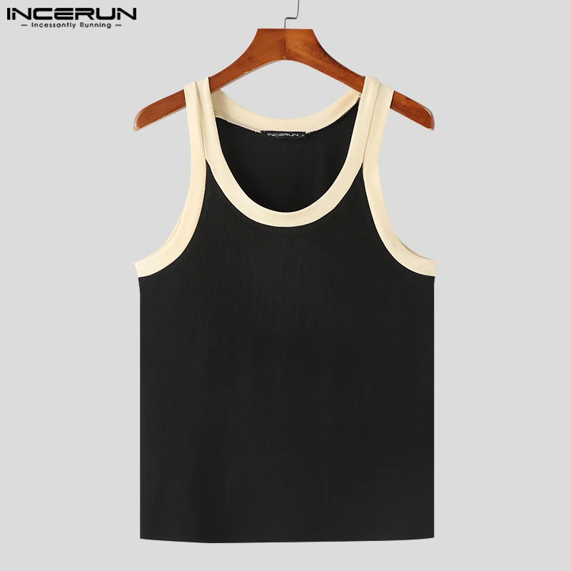 Mode Casual Style Tops INCERUN Männer Sexy Engen Kragen Kontrast Farbe Westen Sommer Streetwear Ärmellose Tank Tops S-5XL 2024