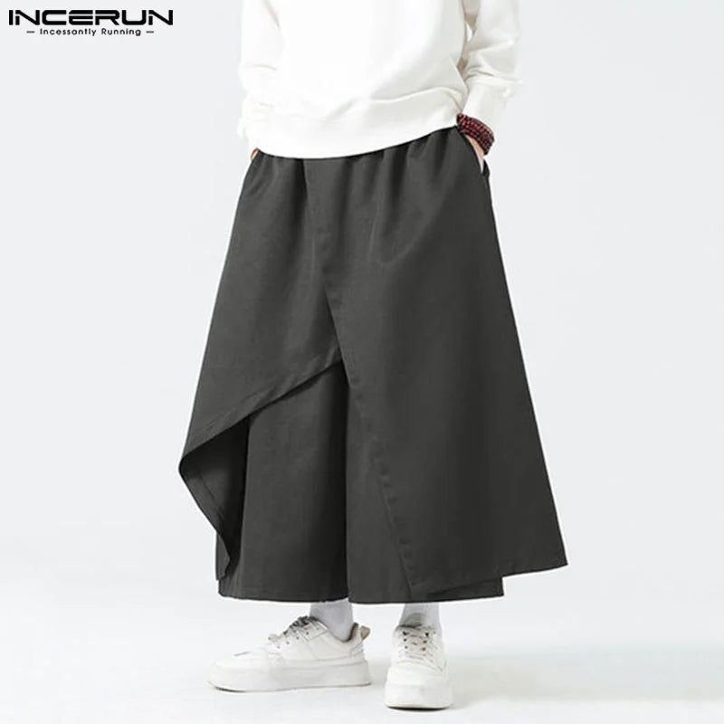 INCERUN 2024 Korean Style Fashion Men Long Pant Patchwork Design Solid Loose Trousers Casual Streetwear Wide Leg Pantalons S-5XL