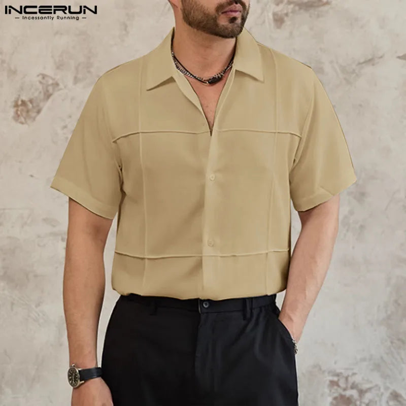 Casual Simple Style Tops INCERUN New Men's Summer Solid Simple Design Shirt Streetwear Male All-match Short Sleeved Blouse S-5XL