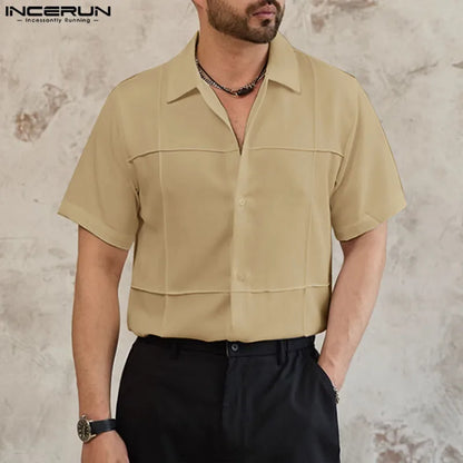 Casual Simple Style Tops INCERUN New Men's Summer Solid Simple Design Shirt Streetwear Male All-match Short Sleeved Blouse S-5XL