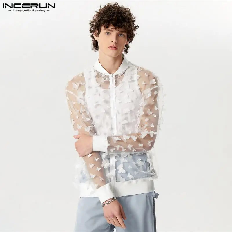 INCERUN Tops 2024 American Style Fashion New Men's Personality Pattern Mesh Shirts Casual Hot Selling Long Sleeved Blouse S-5XL