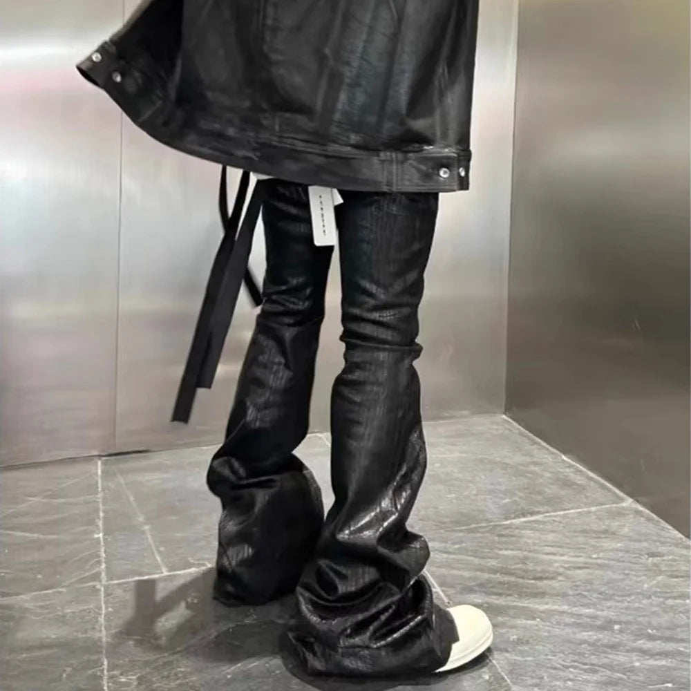 Streetwear Schwarze Stretch-Jeans aus Wachsleder für Herren Ropa Hombre Baggy Y2k Schlaghose Übergroße gerade Jeanshose