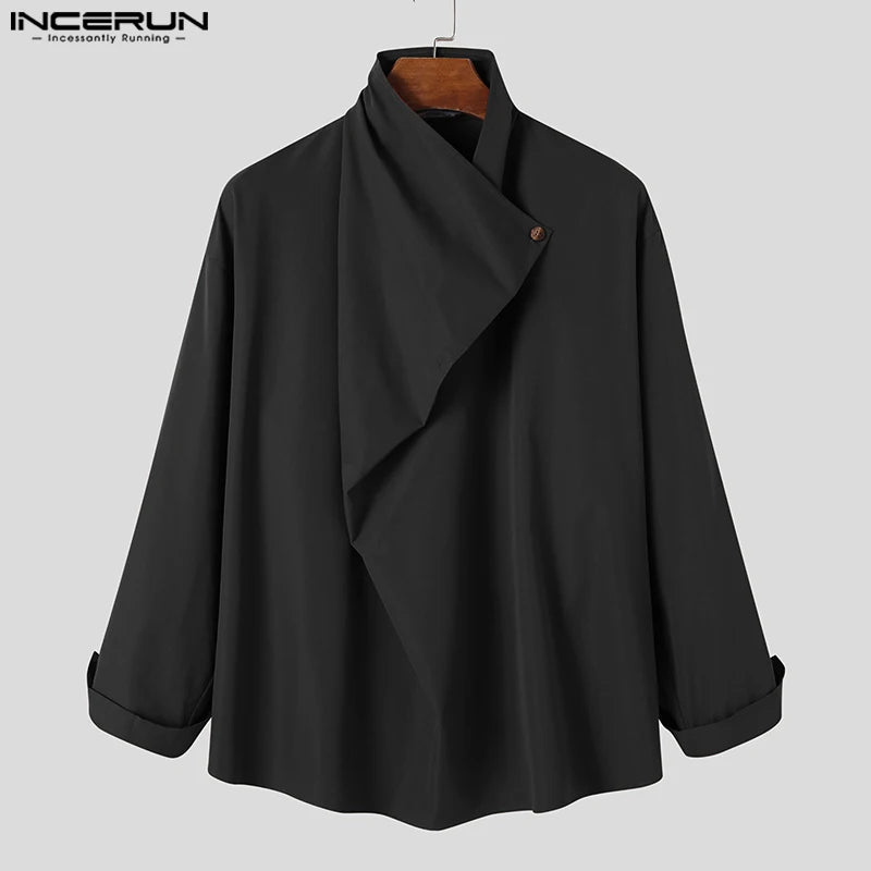 INCERUN Tops 2023 Korean Style Fashion Men's Swinging Neck Irregular Neckline Shirts Casual Solid Loose Long Sleeve Blouse S-5XL