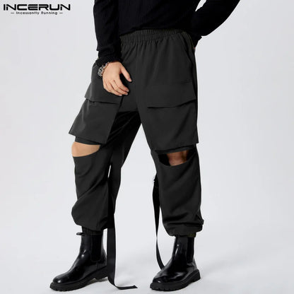 INCERUN 2024 American Style Pantalons Stylish Men's Patch Pocket Solid Cargo Pants Leisure Ribbon Splicing Hollow Trousers S-5XL