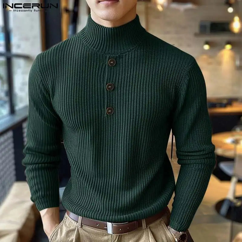 Handsome Well Fitting Tops INCERUN New Men Solid High Neck Design Pullovers Autumn Wnter Casual Male Long Sleeved Sweaters S-5XL