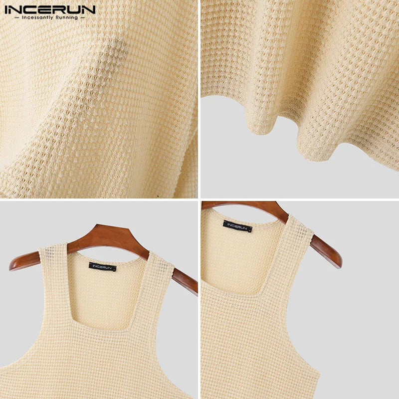 Fashion Casual Style Tops INCERUN New Men Texture Hollow Square Neck Vests Summer Male Solid All-match Sleeveless Tank Top S-5XL