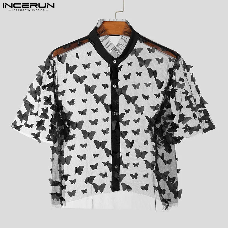 INCERUN Tops 2024 American Style Fashion Men Personality Print Shirts Sexy Male Clubwear Thin Cropped Short Sleeved Blouse S-5XL