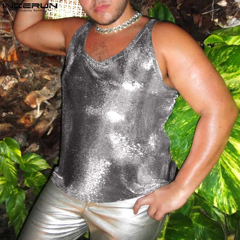 Hauts bien ajustés à la mode INCERUN Sexy hommes Laser Flash tissu gilets décontractés Clubwear hommes U-cou sans manches débardeurs S-5XL 2024