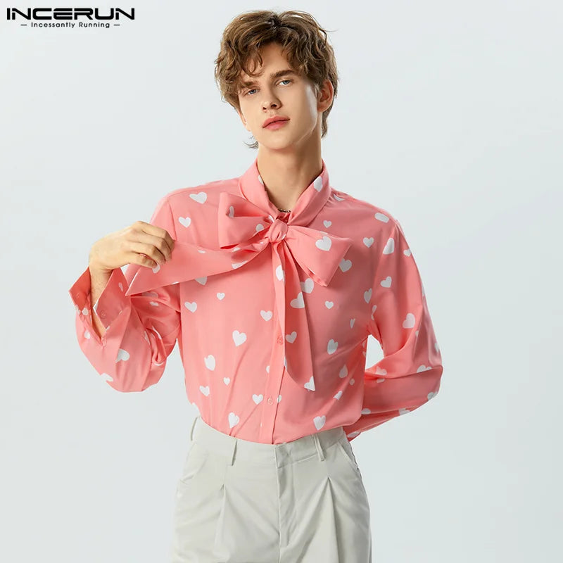 INCERUN Tops 2023 American Style New Men's Personality Love Bow Tie Design Shirts Casual Fashion Love Pattern Print Blouse S-5XL