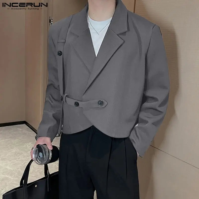 INCERUN Tops 2023 Korean Style Handsome Men's Shoulder Pads Solid Cropped Blazer Casual Streetwear Long Sleeved Suit Coats S-5XL