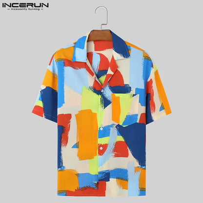 Handsome Well Fitting Tops INCERUN New Men Colorful Square Contrast Printed Shirts Fashion Funny Short Sleeved Blouse S-5XL 2024