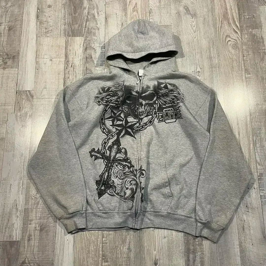 Affliction Street Hoodie Y2K Retro Gothic Totenkopf Übergroßer Reißverschluss Hoodie Herren Damen Hip Hop Casual Sweatshirt Persönlichkeit Hoodie