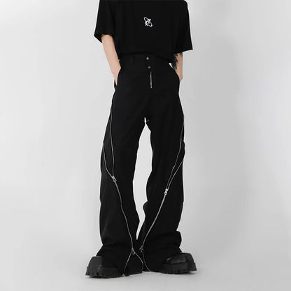 HOUZHOU Design Zipper Slit Men Trousers Techwear Straight Tube Casual Black Pants Wide Leg Darkwear Male Streetwear Hip  Hop