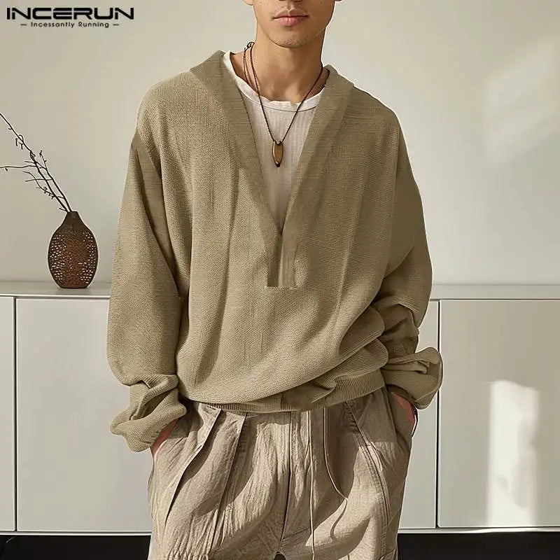 INCERUN Tops 2024 Korean Style Casual Men Deep V-neck Pullovers Stylish Streetwear Male Hot Sale Long Sleeved Sweatshirts S-5XL