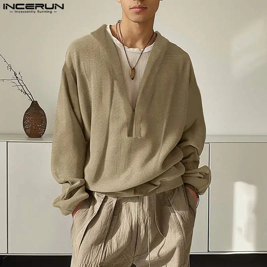 INCERUN Tops 2024 Korean Style Casual Men Deep V-neck Pullovers Stylish Streetwear Male Hot Sale Long Sleeved Sweatshirts S-5XL