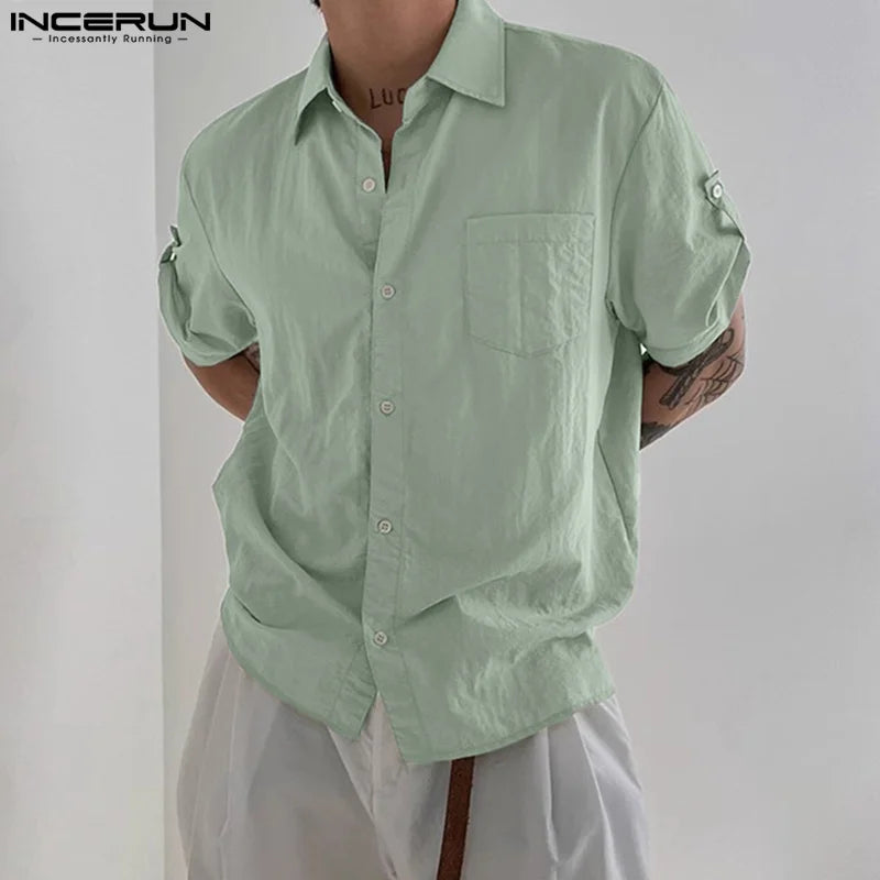 Stylish Well Fitting Tops INCERUN New Men Summer Clothing Casual Solid Shirt Fashion Streetwear Short Sleeved Lapel Blouse S-5XL