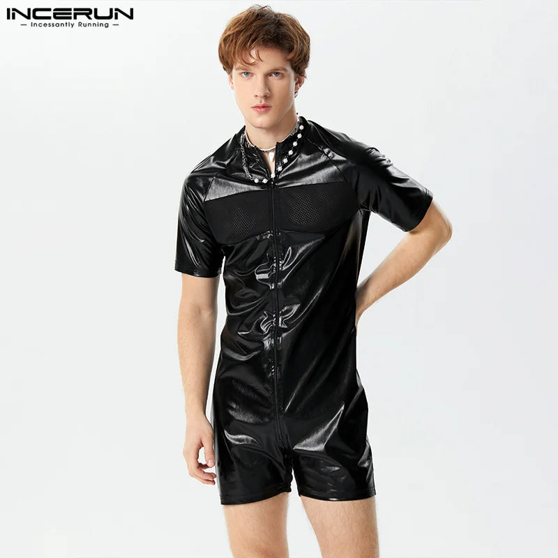 INCERUN 2024 Sexy Men's Fashion Jumpsuits Mesh Patchwork Casual Faux Leather Fabric Rompers Solid Short Sleeved Bodysuits S-3XL