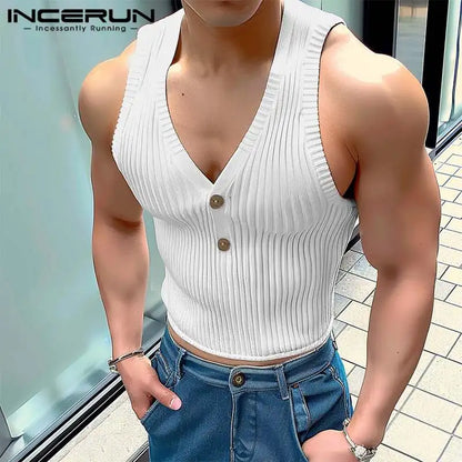 INCERUN Tops 2024 Koreanische Stil Männer Sommer Mode Gestrickte Pit Streifen V-ausschnitt Westen Casual Einfache Solide Ärmellose Tank Tops S-5XL