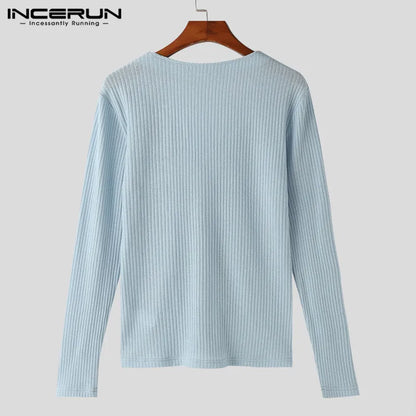 INCERUN Tops 2024 Korean Style Men's Solid Color Knitted Striped Shirts Fashionable Casual Male V-neck Long Sleeved Blouse S-5XL