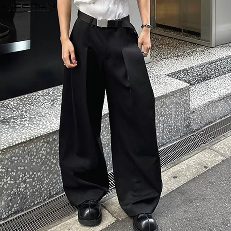 INCERUN 2024 Korean Style Trousers Men Loose Silhouette Fashion Long Pants Casual Streetwear Male Solid Wide Leg Pantalons S-5XL