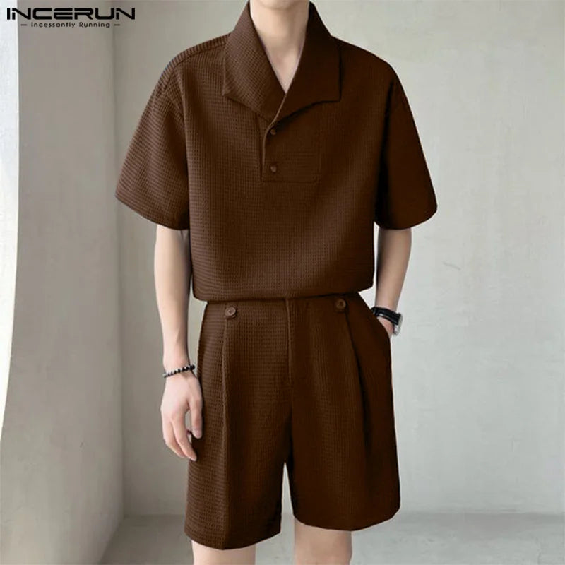 INCERUN 2024 Korean Style Sets Stylish Men Lapel Neck Short Sleeved Tops Split Long Pants Leisure Streetwear Suit 2 Pieces S-5XL