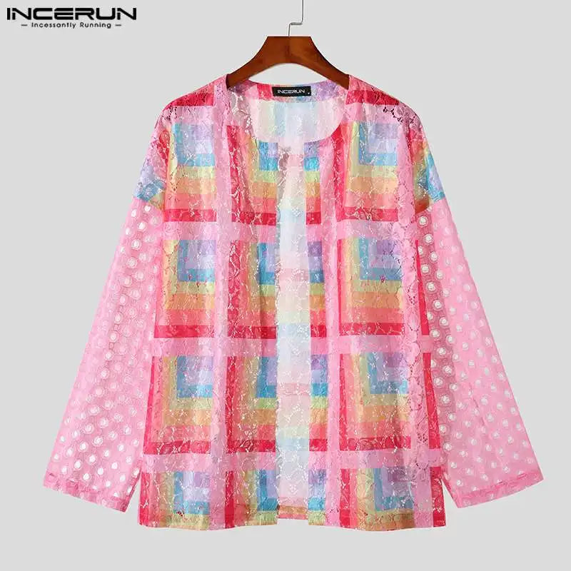 Lässige Mode-Stil Tops INCERUN Herren Tracery Patchwork Durchsichtige Mesh-Shirts Männliche Langarm Kragenlose Bluse S-5XL 2023