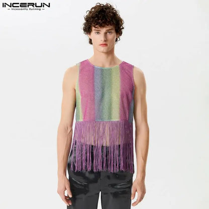 Fashion Casual Style Tops INCERUN New Mens Rainbow Gradient Tassel Patchwork Vests Male Clubwear Sleeveless Tank Tops S-5XL 2024