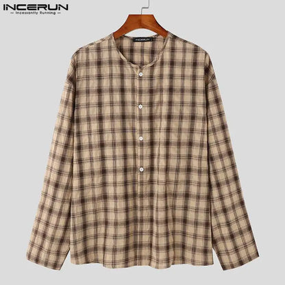 Fashion Casual Style Tops INCERUN Thin Breathable Grid Design Shirt Autumn Male Hot Selling Street Long Sleeved Blouse S-5XL 202