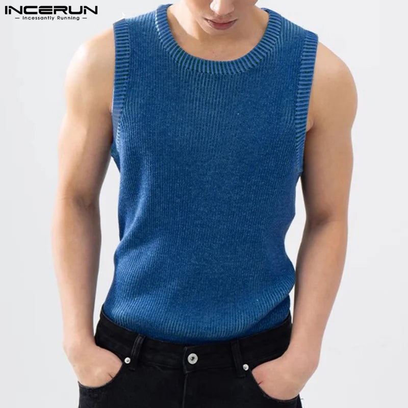 INCERUN Tops 2024 Korean Style Handsome New Men Solid Knitted Pit Vests Casual Streetwear Hot Selling Sleeveless Tank Tops S-5XL