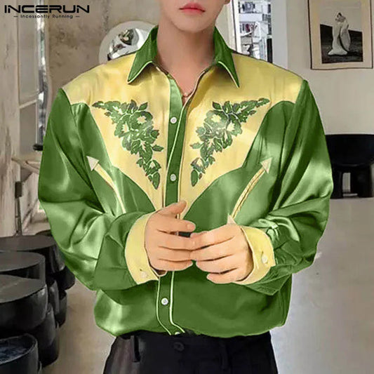 INCERUN Tops 2024 Fashion Men's Patchwork Color Contrast Printed Shirts Casual Personality Male Lapel Long Sleeved Blouse S-5XL