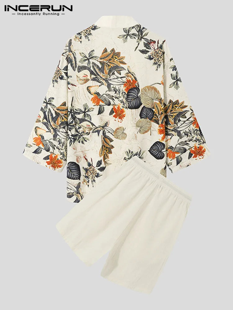 Männer Druck Sets Retro Halbe Ärmel Open Stitch Shirt Kimono &amp; Shorts Zwei Stücke Streetwear Baumwolle Männer Casual Anzüge INCERUN 7