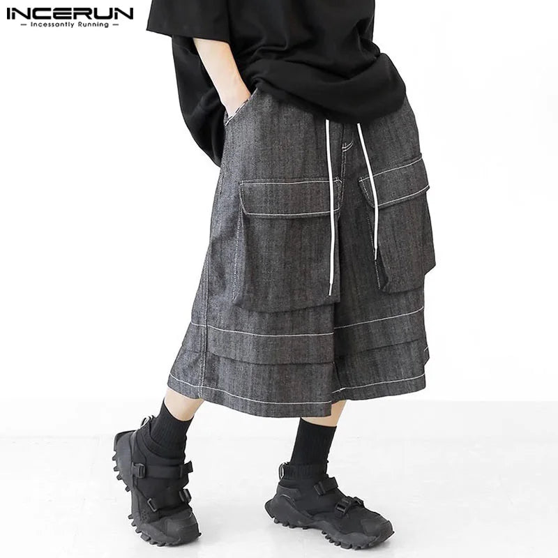 INCERUN 2024 Korean Style Trousers Stylish Men Cargo Patchwork Pockets Wide Leg Pants Leisure Male Solid Cropped Pantalons S-5XL