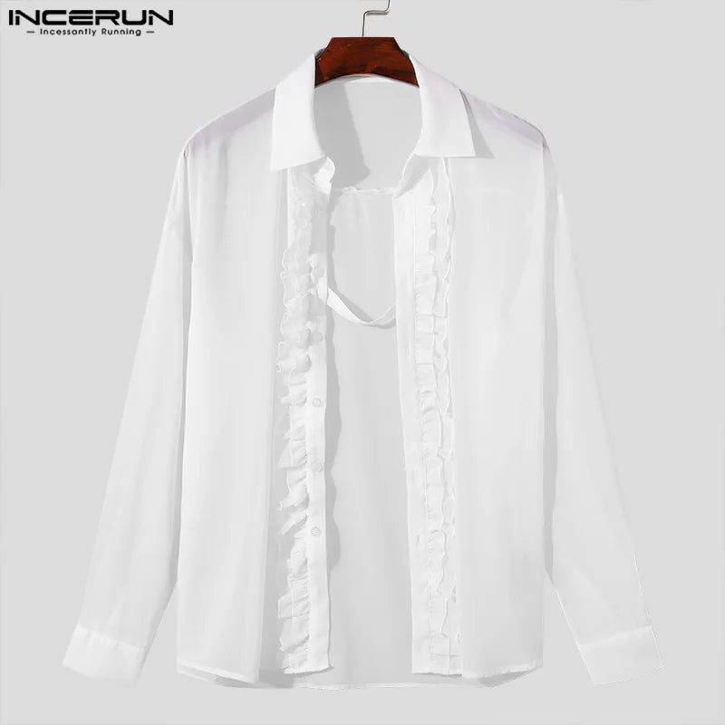 Handsome Well Fitting Tops INCERUN 2024 Men Flounce Edge Design Blouse Casual Simple Male Solid V-neck Long Sleeved Blouse S-5XL