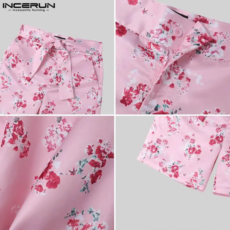 INCERUN 2024 Style américain à la mode hommes à lacets rose imprimé motif Shorts décontracté fête spectacles hommes vente chaude Shorts S-5XL