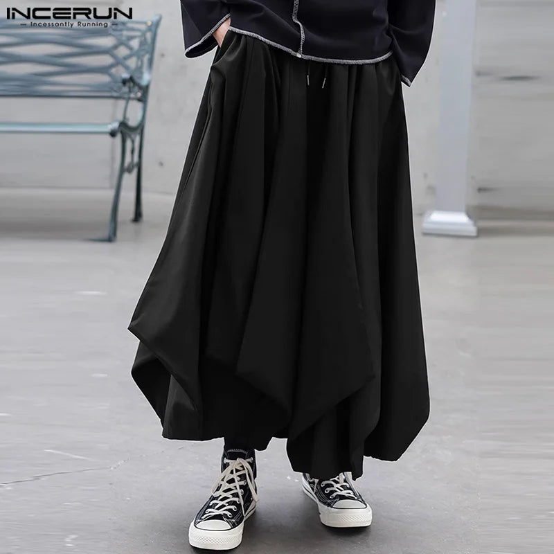 INCERUN 2024 Korean Style Pantalons Men's Wide Leg Hem Design Long Pants Fashionable Streetwear Male Solid Loose Trousers S-5XL