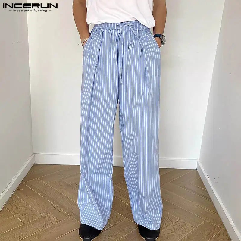 INCERUN 2024 Korean Style Trousers Stylish Men Striped Drawstring Design Pants Casual Streetwear Elastic Waisted Pantalons S-5XL