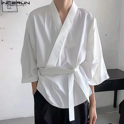 INCERUN Tops 2024 Korean Style Men Diagonal Front V-neck Tie Design Shirts Casual Simple Male Long Sleeved Cardigan Blouse S-5XL