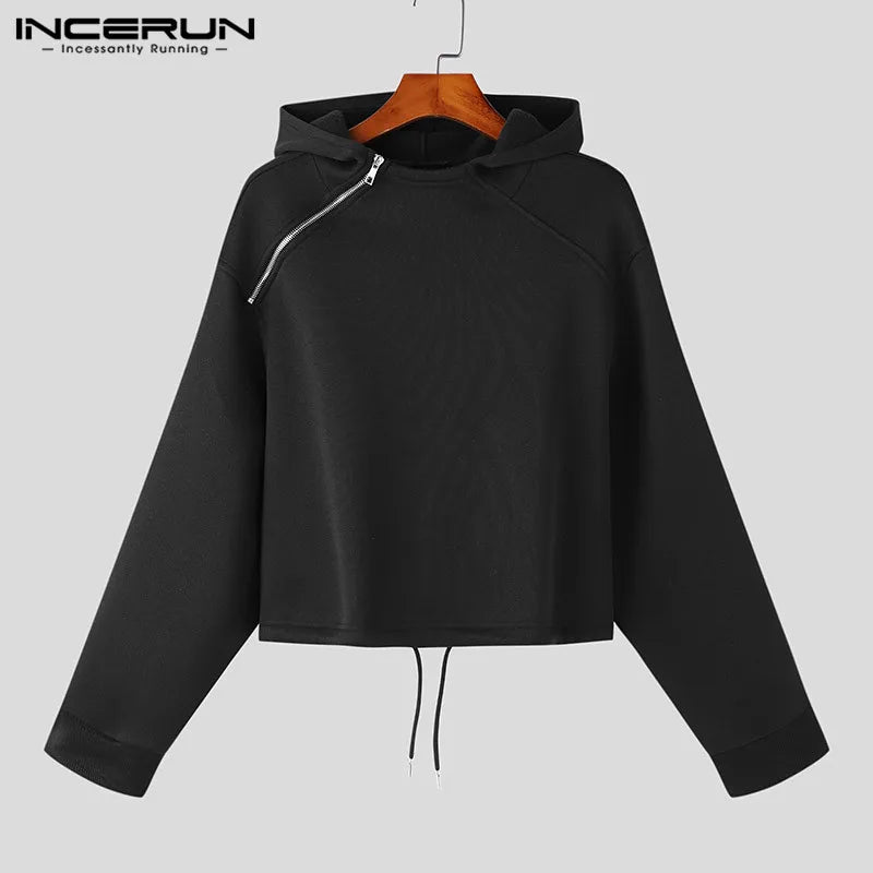 INCERUN Tops 2023 Koreanische Stil Neue Männer Hohe taille Kordelzug Mit Kapuze Casual Streetwear Solide Alle-spiel Reißverschluss Sweatshirts S-5XL