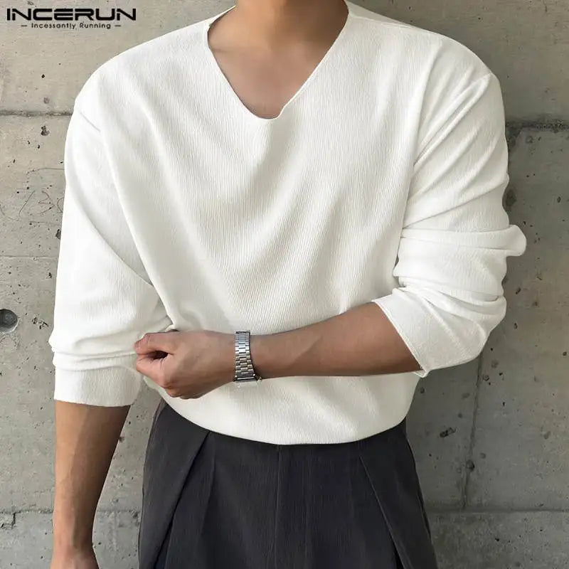 INCERUN Tops 2024 Korean Style Fashion Men's Loose V-neck Knitted T-shirts Summer Casual Streetwear Long Sleeved Camiseta S-5XL