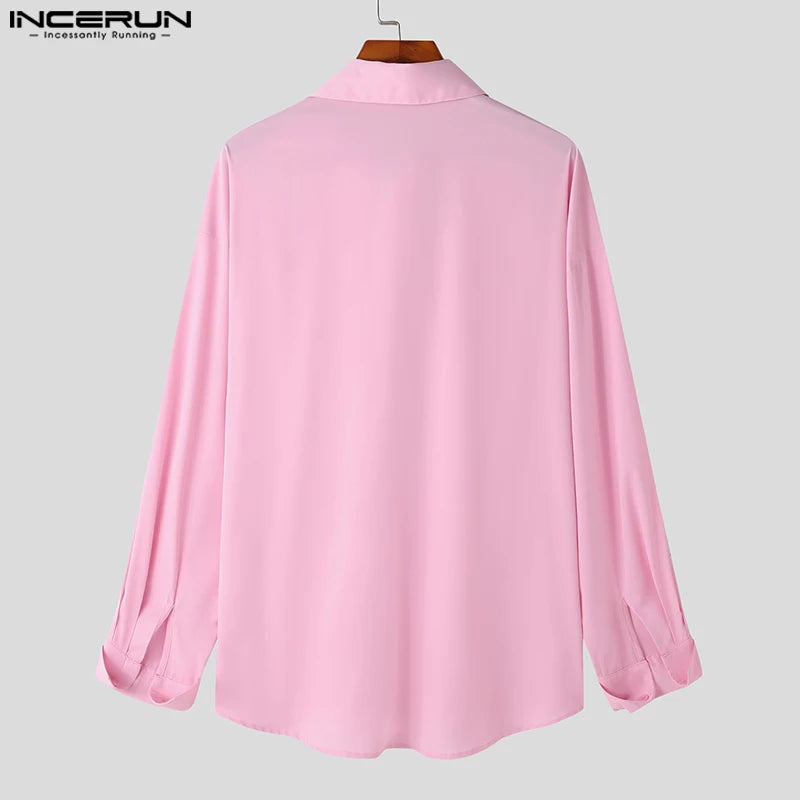 INCERUN Tops 2023 American Style New Men's Fashion Ribbon Design Shirts Casual Street Solid All-match Loose Sleeved Blouse S-5XL