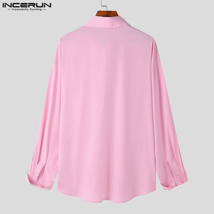 INCERUN Tops 2023 American Style New Men's Fashion Ribbon Design Shirts Casual Street Solid All-match Loose Sleeved Blouse S-5XL