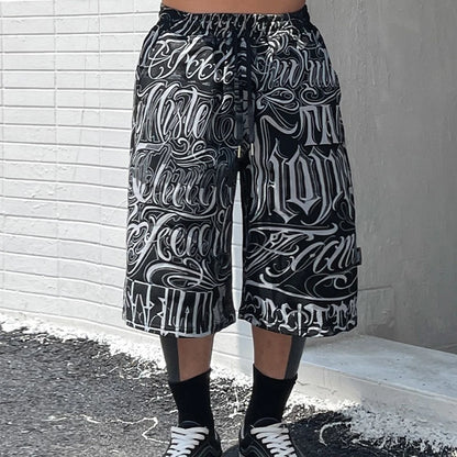 Streetwear West Coast Full Print Floral Over Knee Shorts for Men Summer Patchwork Wide Leg Baggy Five Points Pants Oversized