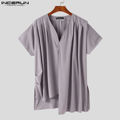 INCERUN Tops 2024 Korean Style Handsome Men Draping Solid V-neck Shirts Fashion Male Shoulder Pleated Short Sleeved Blouse S-5XL