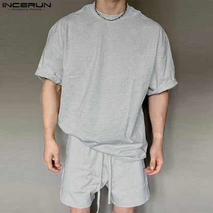 INCERUN 2024 Korean Style Sets Stylish New Men Solid O-neck Short Sleeved Tops Shorts Casual Streetwear Male Suit 2 Pieces S-5XL