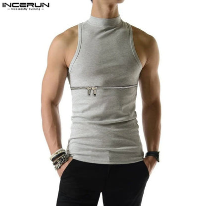 INCERUN Tops 2023 Style américain Nouveau design de fermeture éclair à double tête pour hommes Gilets solides Gilet décontracté tricoté à col mi-haut S-5XL