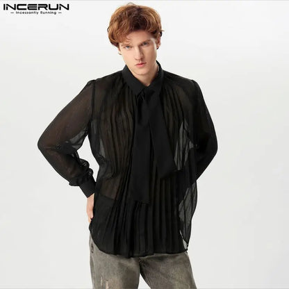 INCERUN 2024 Men Sexy Shirt Mesh See Through Lapel Long Sleeve Camisas Tie Pleated Solid Party Men Clothing Tops Streetwear